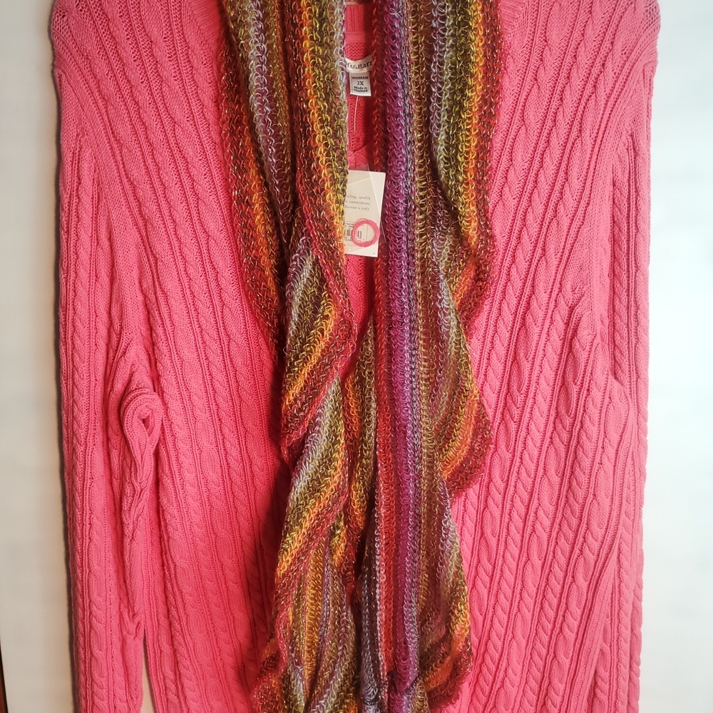 Croft & Barrow Pink Cable Knit Sweater with Multicolor Scarf